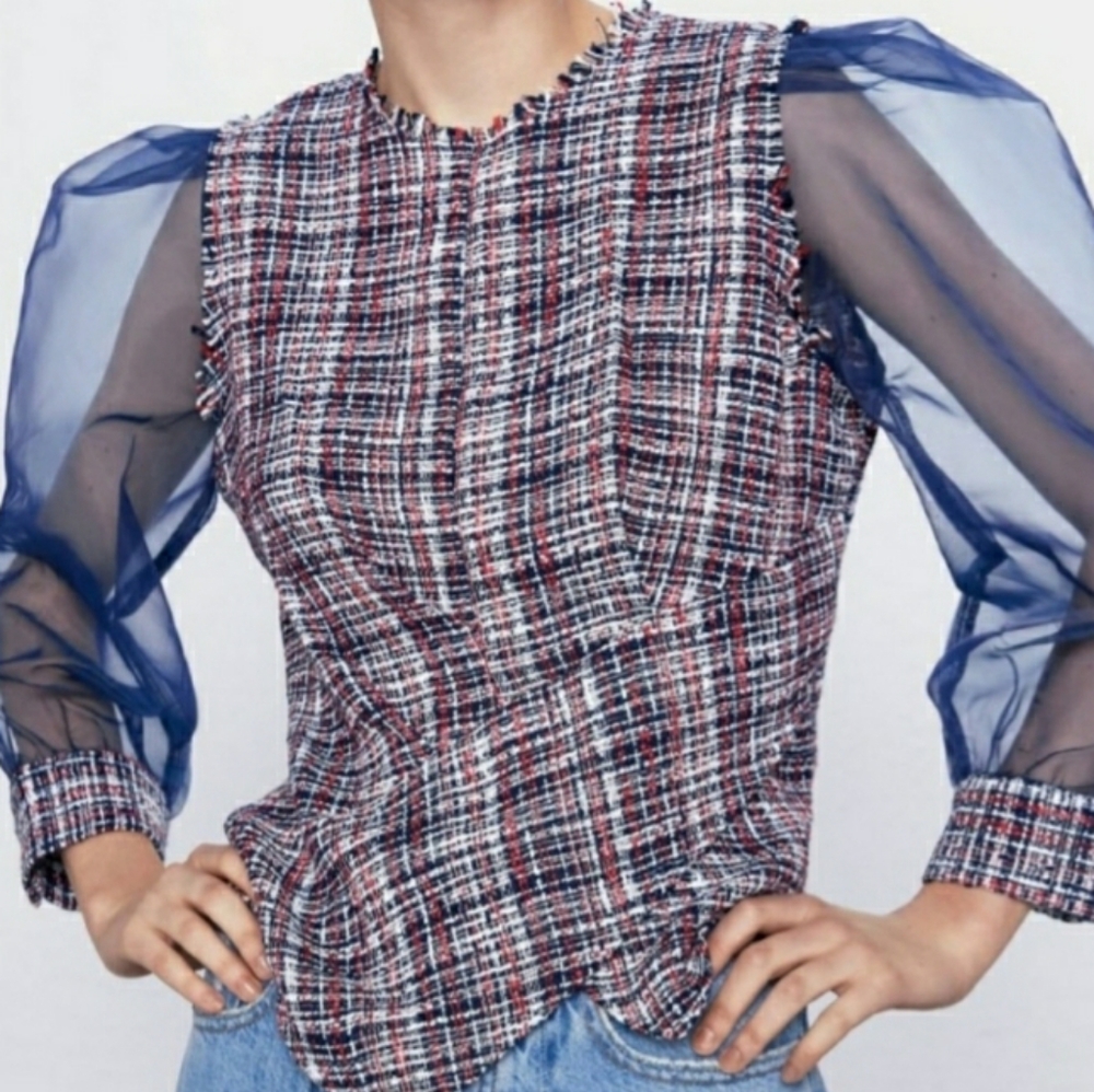 Zara Puff Sleeve Tweed Blouse